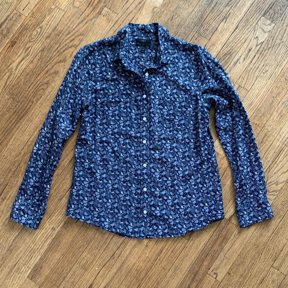 Adorable J Crew Navy Button Down Blouse with White Printed Birds, Size 6
